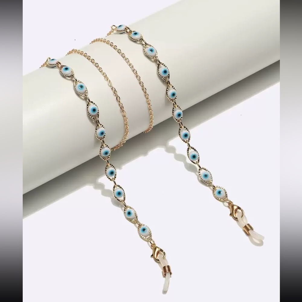Gold-Tone Blue Evil Eye Chain Glasses Necklace - Women Jewelry R350